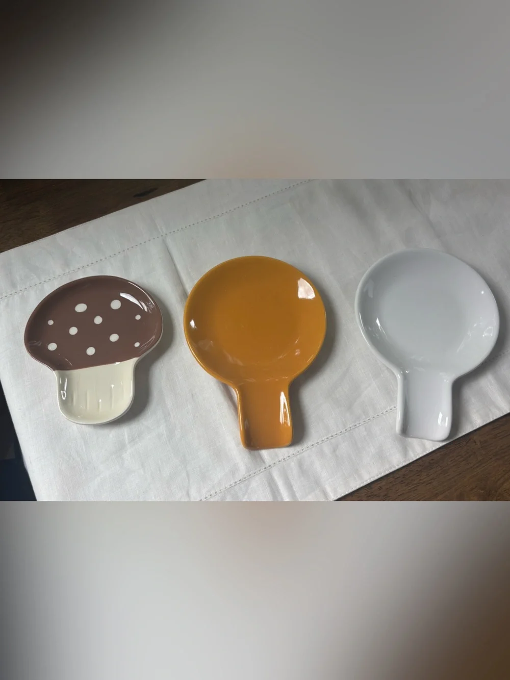 Set of Ceramic Spoon Rests in Polka Dot Mushroom, Mustard & White Fall
